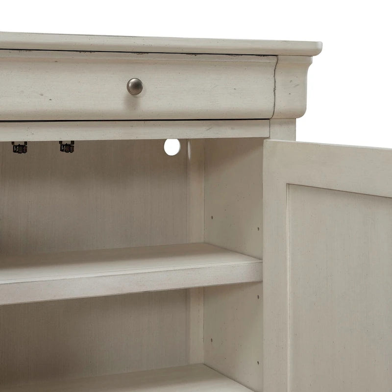 Buffet de couloir brossé en porcelaine blanche / taupe sablé, style 3 tiroirs 4 portes