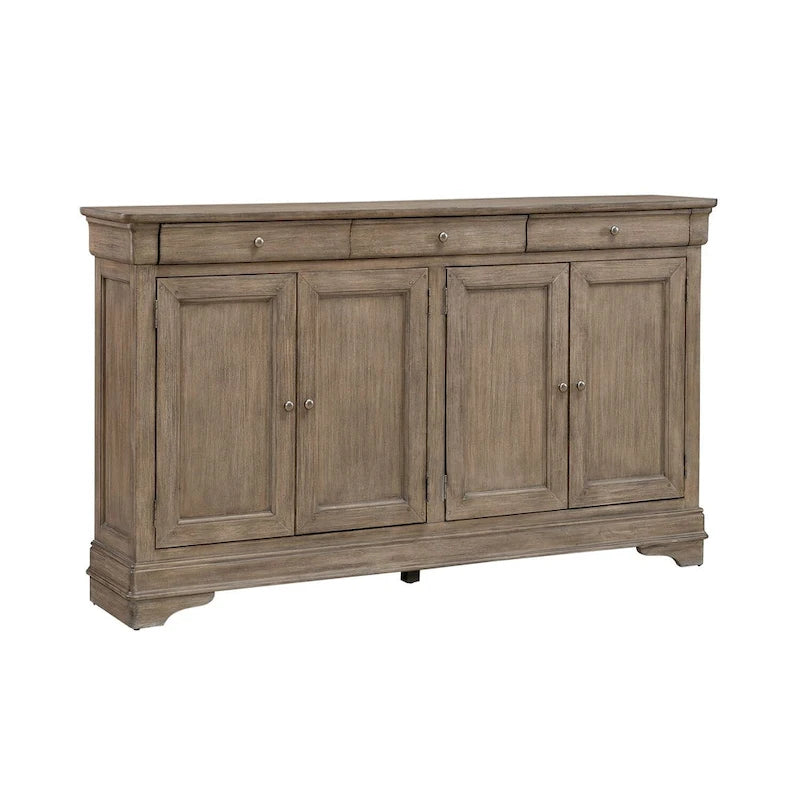 Buffet de couloir brossé en porcelaine blanche / taupe sablé, style 3 tiroirs 4 portes