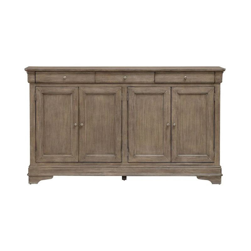 Buffet de couloir brossé en porcelaine blanche / taupe sablé, style 3 tiroirs 4 portes