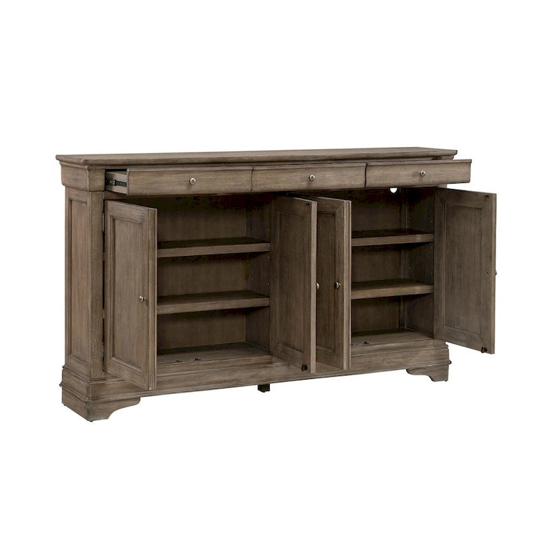 Buffet de couloir brossé en porcelaine blanche / taupe sablé, style 3 tiroirs 4 portes