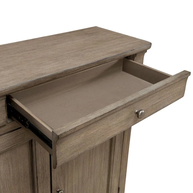 Buffet de couloir brossé en porcelaine blanche / taupe sablé, style 3 tiroirs 4 portes