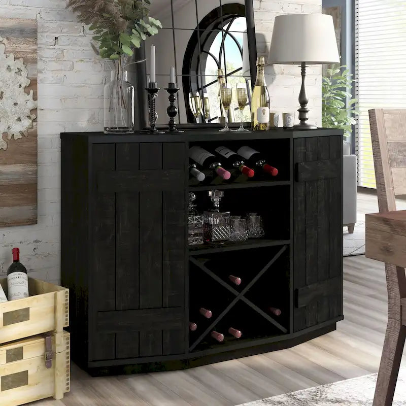Buffet de cave à vin de ferme en chêne noir recyclé / blanc côtier, 28 bouteilles