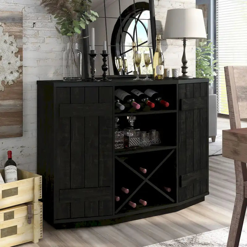 Buffet de cave à vin de ferme en chêne noir recyclé / blanc côtier, 28 bouteilles