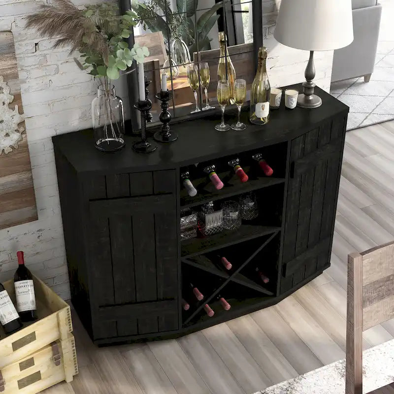 Buffet de cave à vin de ferme en chêne noir recyclé / blanc côtier, 28 bouteilles
