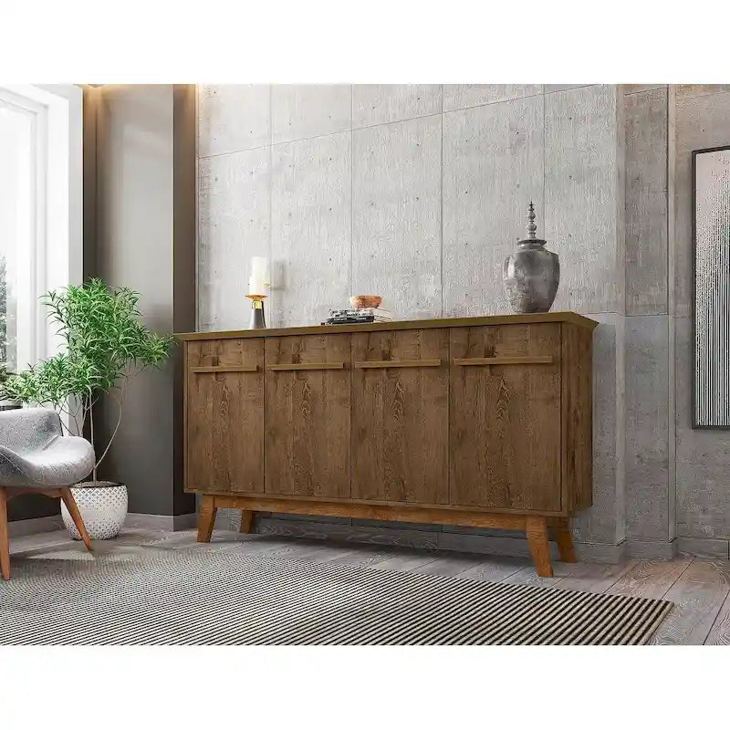 Buffet Mid-Century avec 2 Armoires à Fermeture Douce, Pieds en Bois Massif – Blanc / Blanc Cassé & Cannelle / Marron Rustique / Noir & Cannelle