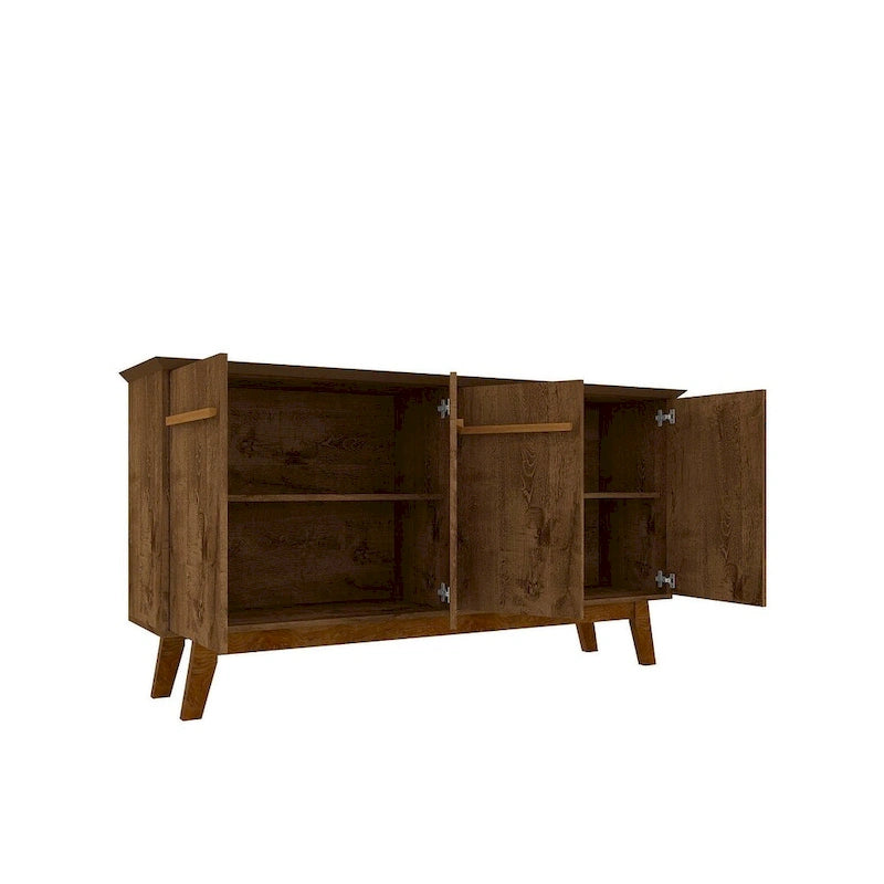 Buffet Mid-Century avec 2 Armoires à Fermeture Douce, Pieds en Bois Massif – Blanc / Blanc Cassé & Cannelle / Marron Rustique / Noir & Cannelle