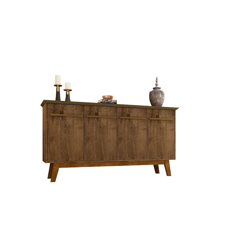 Buffet Mid-Century avec 2 Armoires à Fermeture Douce, Pieds en Bois Massif – Blanc / Blanc Cassé & Cannelle / Marron Rustique / Noir & Cannelle