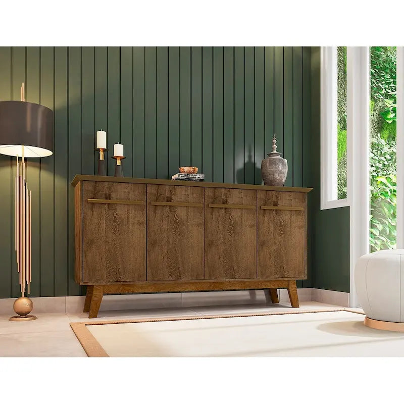 Buffet Mid-Century avec 2 Armoires à Fermeture Douce, Pieds en Bois Massif – Blanc / Blanc Cassé & Cannelle / Marron Rustique / Noir & Cannelle