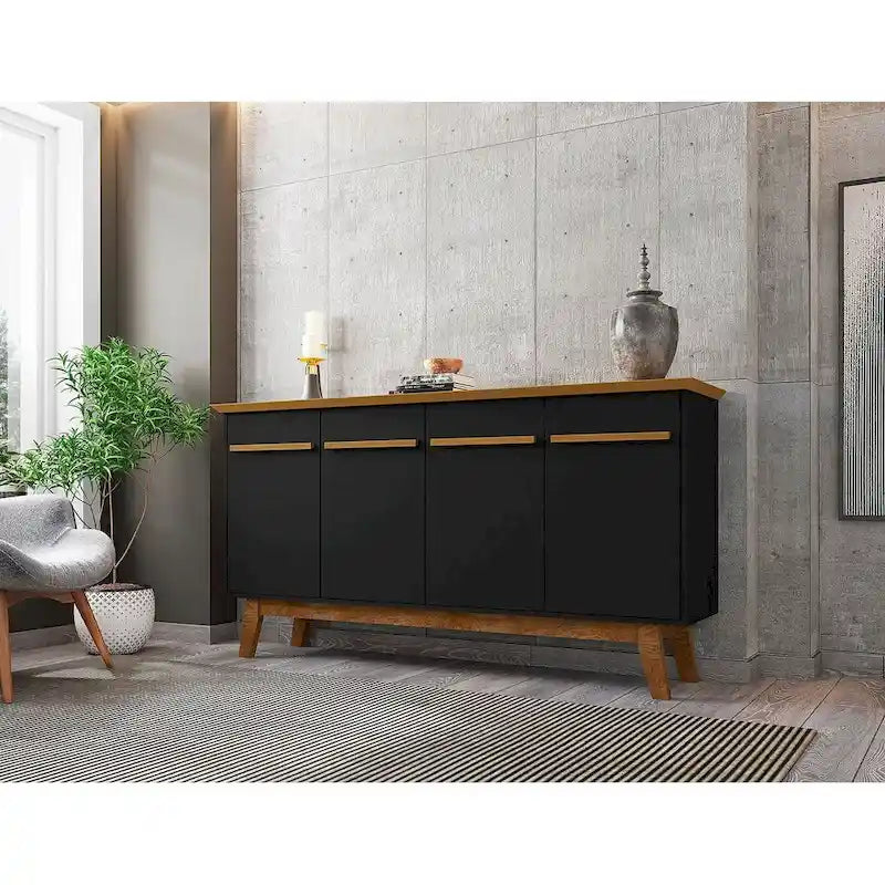 Buffet Mid-Century avec 2 Armoires à Fermeture Douce, Pieds en Bois Massif – Blanc / Blanc Cassé & Cannelle / Marron Rustique / Noir & Cannelle