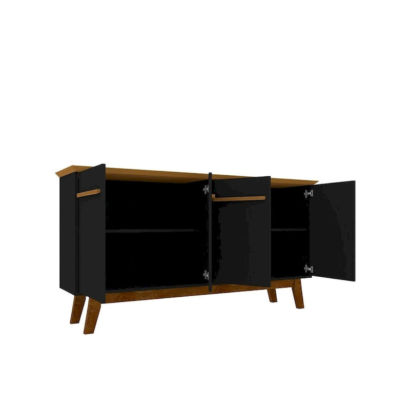 Buffet Mid-Century avec 2 Armoires à Fermeture Douce, Pieds en Bois Massif – Blanc / Blanc Cassé & Cannelle / Marron Rustique / Noir & Cannelle