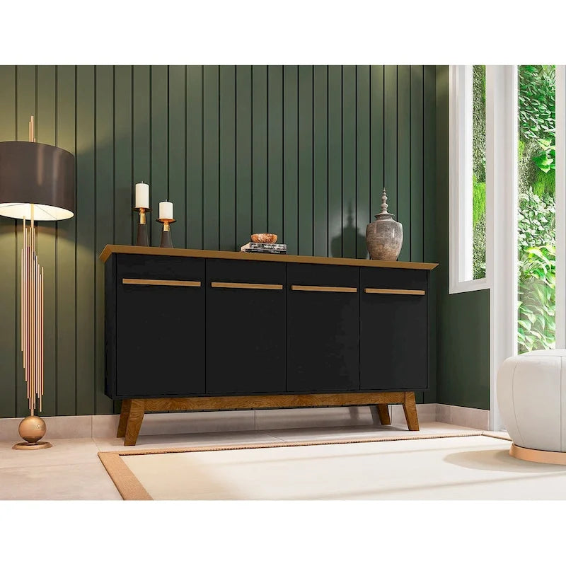 Buffet Mid-Century avec 2 Armoires à Fermeture Douce, Pieds en Bois Massif – Blanc / Blanc Cassé & Cannelle / Marron Rustique / Noir & Cannelle