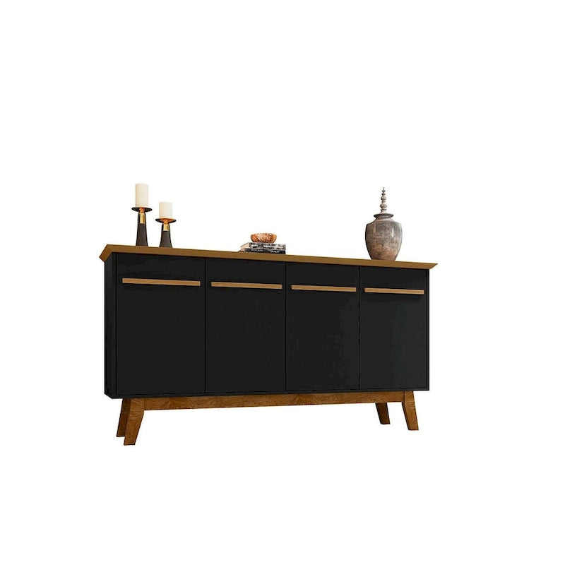 Buffet Mid-Century avec 2 Armoires à Fermeture Douce, Pieds en Bois Massif – Blanc / Blanc Cassé & Cannelle / Marron Rustique / Noir & Cannelle