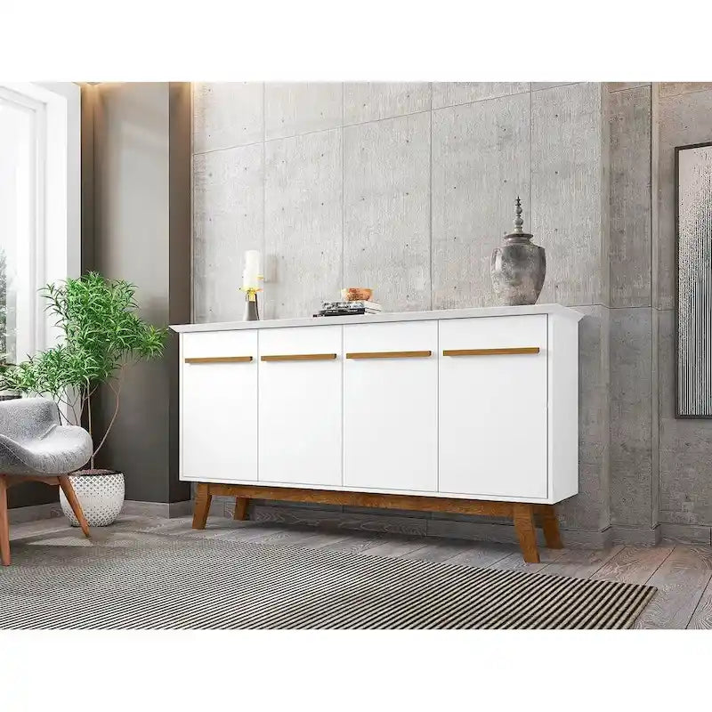 Buffet Mid-Century avec 2 Armoires à Fermeture Douce, Pieds en Bois Massif – Blanc / Blanc Cassé & Cannelle / Marron Rustique / Noir & Cannelle