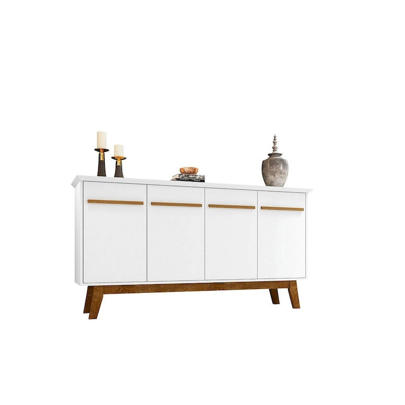 Buffet Mid-Century avec 2 Armoires à Fermeture Douce, Pieds en Bois Massif – Blanc / Blanc Cassé & Cannelle / Marron Rustique / Noir & Cannelle