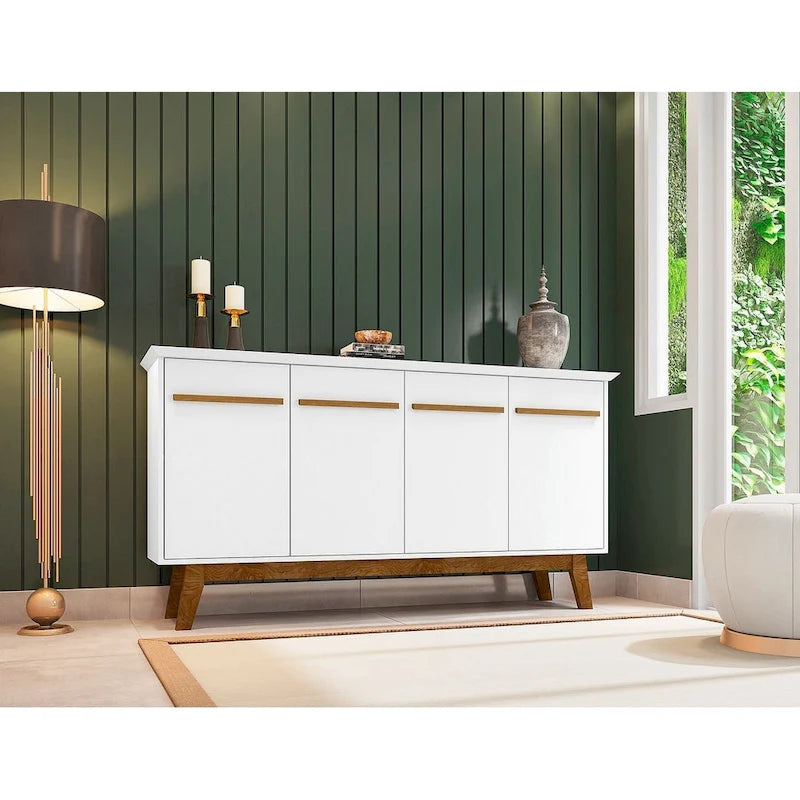 Buffet Mid-Century avec 2 Armoires à Fermeture Douce, Pieds en Bois Massif – Blanc / Blanc Cassé & Cannelle / Marron Rustique / Noir & Cannelle