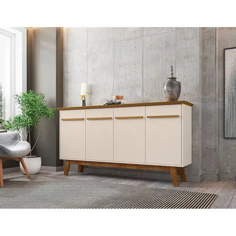 Buffet Mid-Century avec 2 Armoires à Fermeture Douce, Pieds en Bois Massif – Blanc / Blanc Cassé & Cannelle / Marron Rustique / Noir & Cannelle