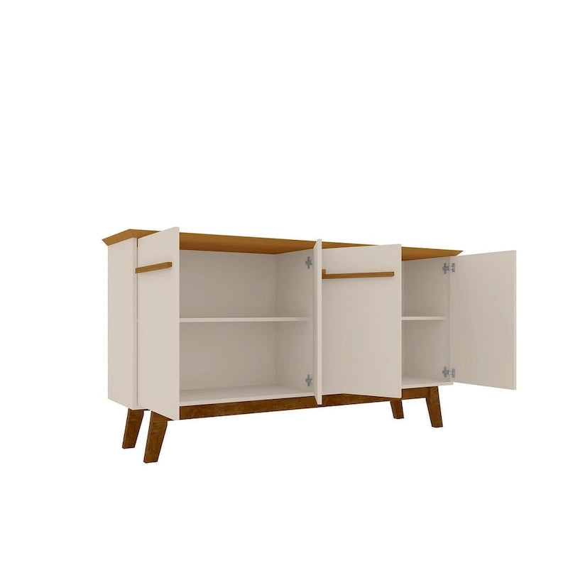 Buffet Mid-Century avec 2 Armoires à Fermeture Douce, Pieds en Bois Massif – Blanc / Blanc Cassé & Cannelle / Marron Rustique / Noir & Cannelle