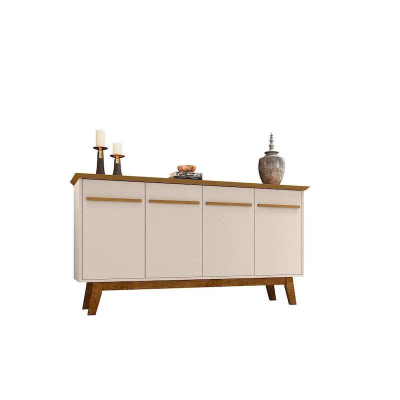 Buffet Mid-Century avec 2 Armoires à Fermeture Douce, Pieds en Bois Massif – Blanc / Blanc Cassé & Cannelle / Marron Rustique / Noir & Cannelle
