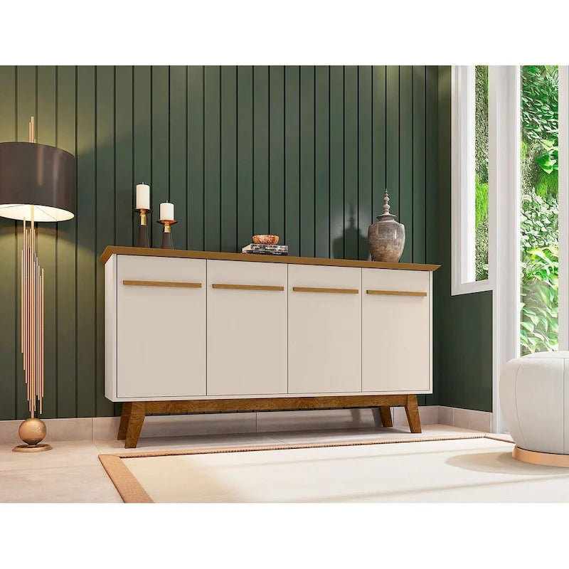 Buffet Mid-Century avec 2 Armoires à Fermeture Douce, Pieds en Bois Massif – Blanc / Blanc Cassé & Cannelle / Marron Rustique / Noir & Cannelle