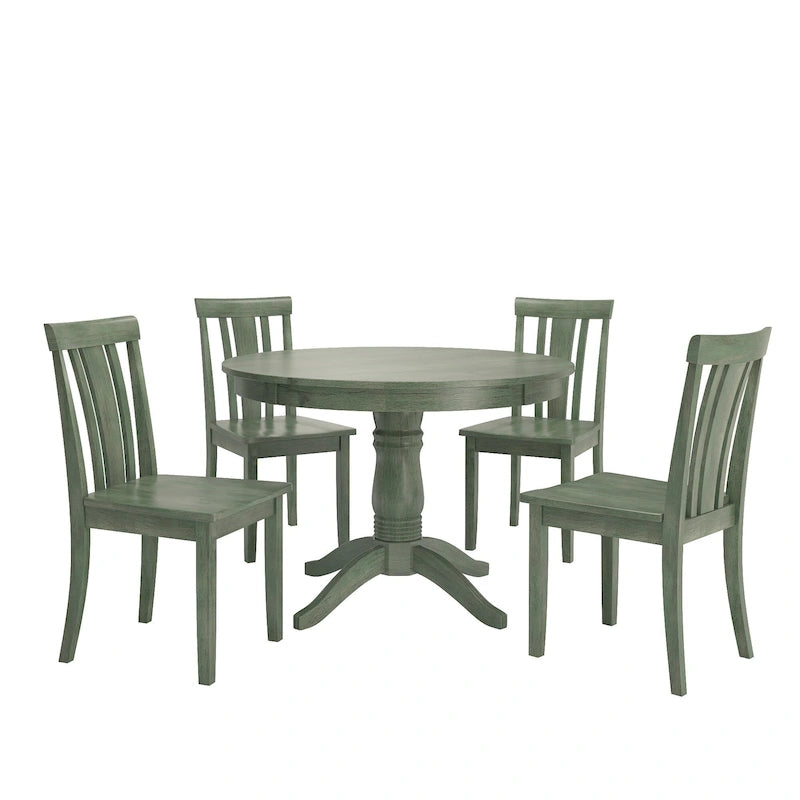 Ensemble de salle à manger rond sur pied vert sauge antique, 4 styles de chaises, 4-5 places