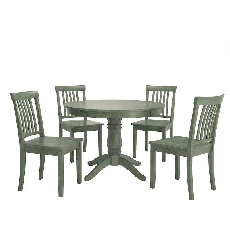 Ensemble de salle à manger rond sur pied vert sauge antique, 4 styles de chaises, 4-5 places