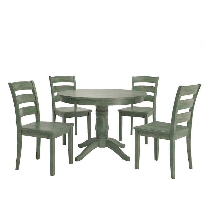 Ensemble de salle à manger rond sur pied vert sauge antique, 4 styles de chaises, 4-5 places