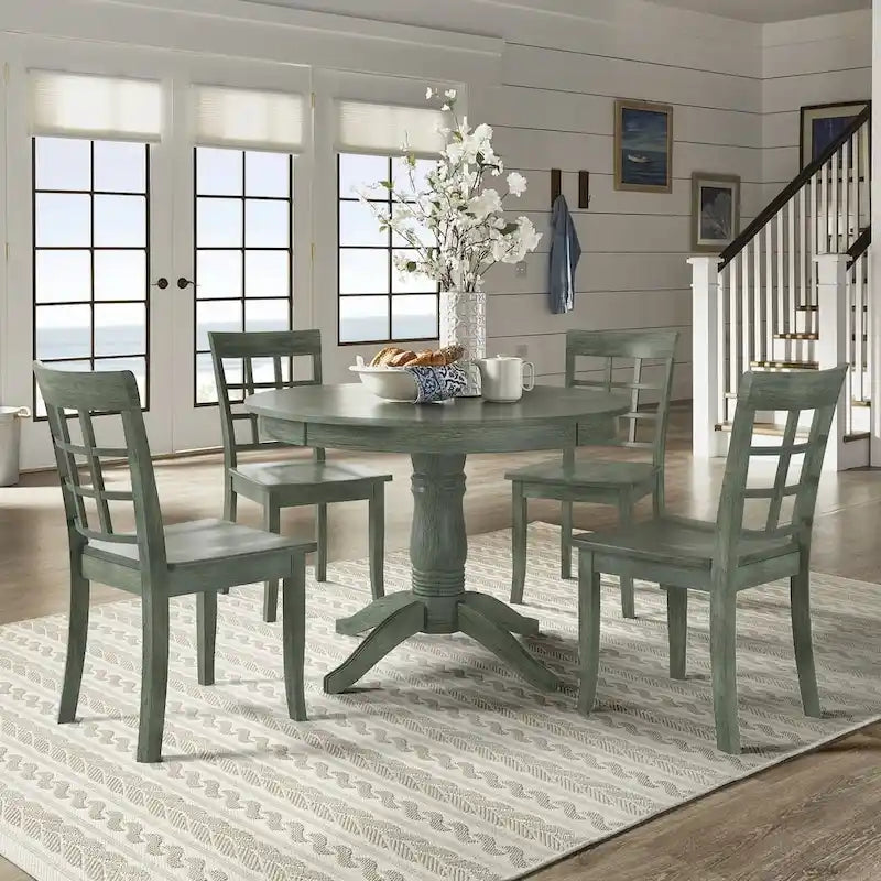 Ensemble de salle à manger rond sur pied vert sauge antique, 4 styles de chaises, 4-5 places