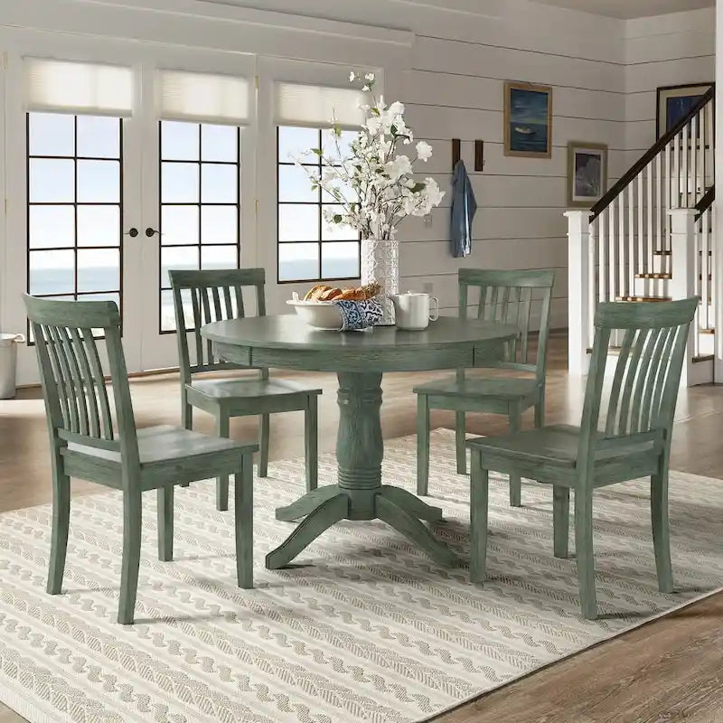 Ensemble de salle à manger rond sur pied vert sauge antique, 4 styles de chaises, 4-5 places