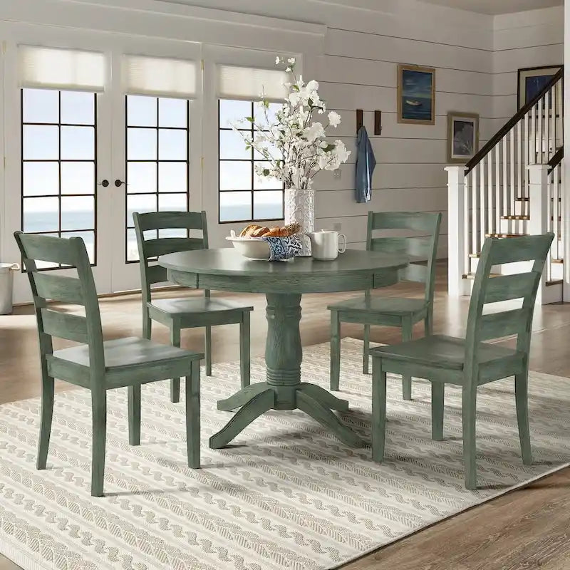 Ensemble de salle à manger rond sur pied vert sauge antique, 4 styles de chaises, 4-5 places