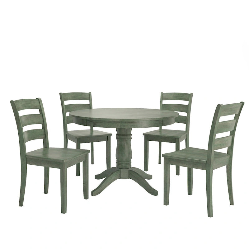 Ensemble de salle à manger rond sur pied vert sauge antique, 4 styles de chaises, 4-5 places