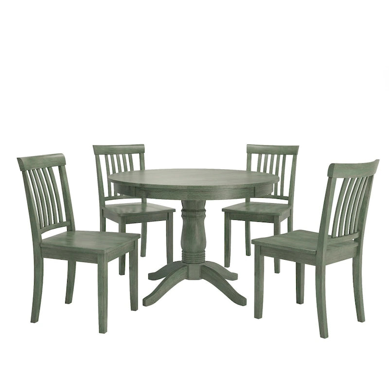 Ensemble de salle à manger rond sur pied vert sauge antique, 4 styles de chaises, 4-5 places