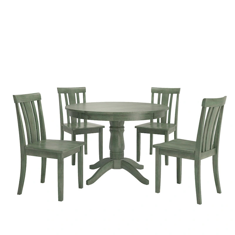 Ensemble de salle à manger rond sur pied vert sauge antique, 4 styles de chaises, 4-5 places