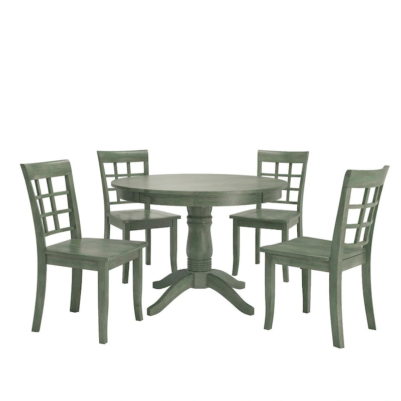 Ensemble de salle à manger rond sur pied vert sauge antique, 4 styles de chaises, 4-5 places