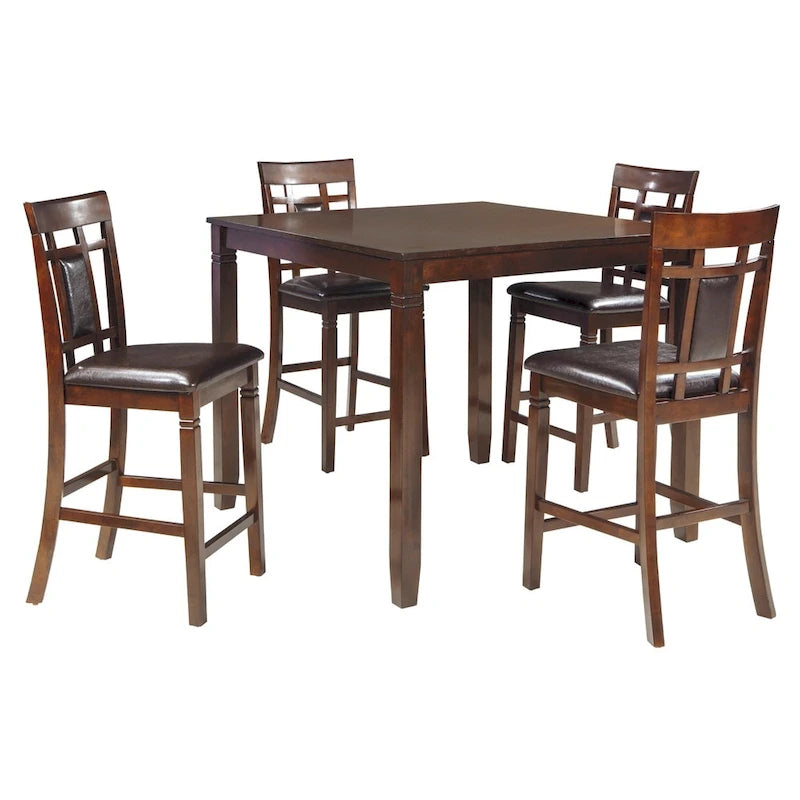 Ensemble table de salle à manger et tabourets de bar hauteur comptoir en similicuir marron (4 places)