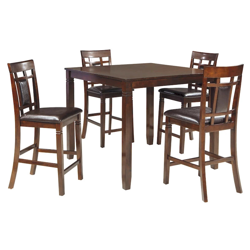 Ensemble table de salle à manger et tabourets de bar hauteur comptoir en similicuir marron (4 places)