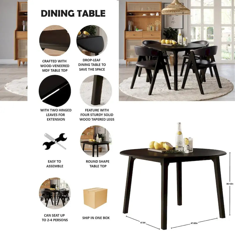 Ensemble de salle à manger noir transformable avec abattants pour 5 personnes