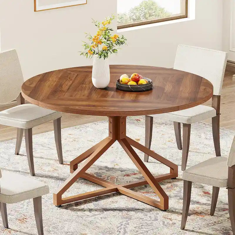 Table de salle à manger ronde marron/grise, piètement central, 4 à 6 places