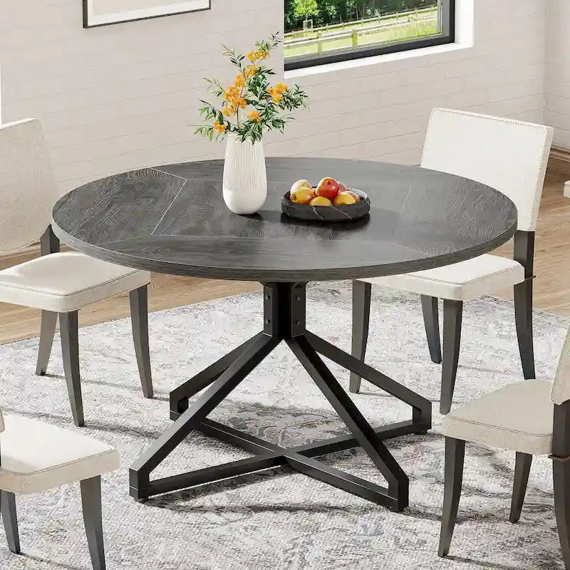 Table de salle à manger ronde marron/grise, piètement central, 4 à 6 places