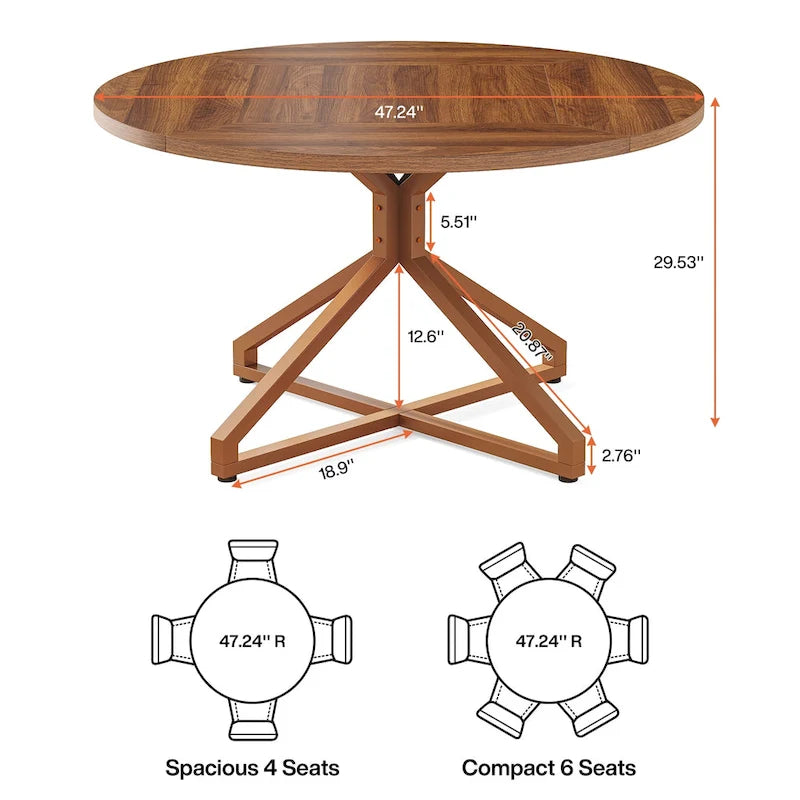 Table de salle à manger ronde marron/grise, piètement central, 4 à 6 places