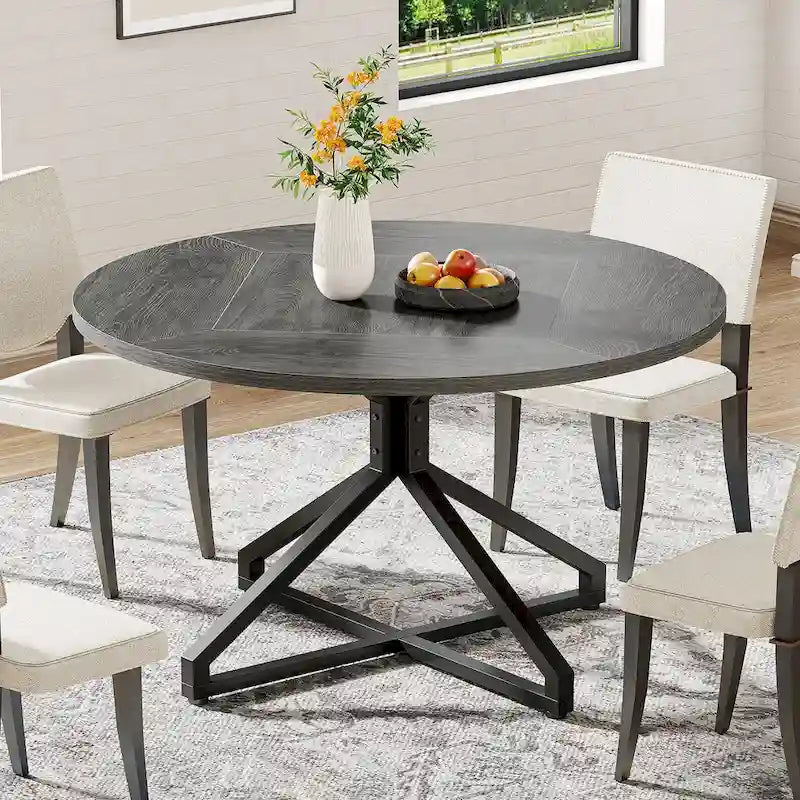 Table de salle à manger ronde marron/grise, piètement central, 4 à 6 places