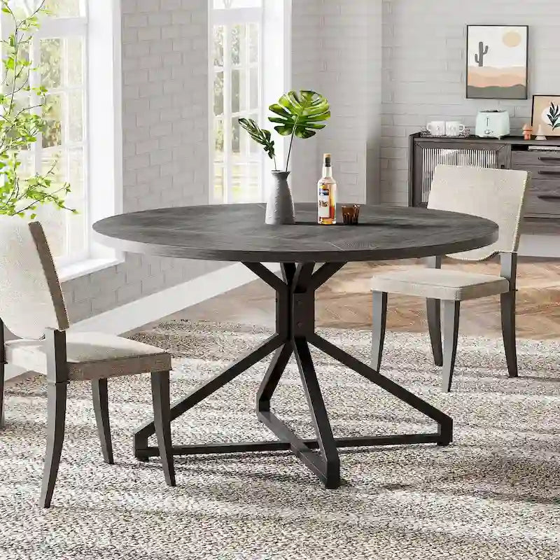 Table de salle à manger ronde marron/grise, piètement central, 4 à 6 places