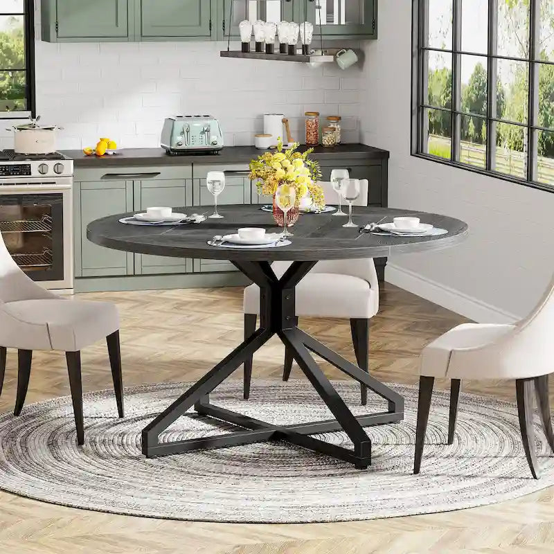 Table de salle à manger ronde marron/grise, piètement central, 4 à 6 places