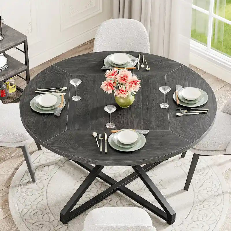 Table de salle à manger ronde marron/grise, piètement central, 4 à 6 places