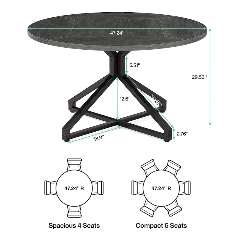 Table de salle à manger ronde marron/grise, piètement central, 4 à 6 places