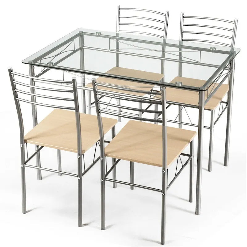 Ensemble de salle à manger 5 pièces marron – Table à plateau en verre et 4 chaises à dossier haut (4 places)
