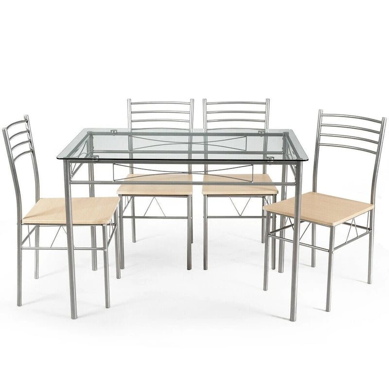 Ensemble de salle à manger 5 pièces marron – Table à plateau en verre et 4 chaises à dossier haut (4 places)