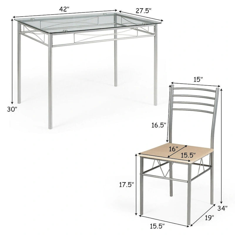 Ensemble de salle à manger 5 pièces marron – Table à plateau en verre et 4 chaises à dossier haut (4 places)