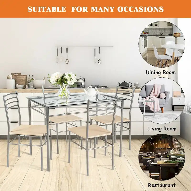 Ensemble de salle à manger 5 pièces marron – Table à plateau en verre et 4 chaises à dossier haut (4 places)