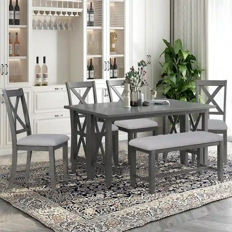 Ensemble de salle à manger pliable gris/expresso, 6 places – Table et 4 chaises avec banc