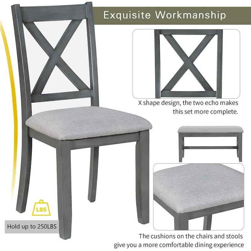 Ensemble de salle à manger pliable gris/expresso, 6 places – Table et 4 chaises avec banc